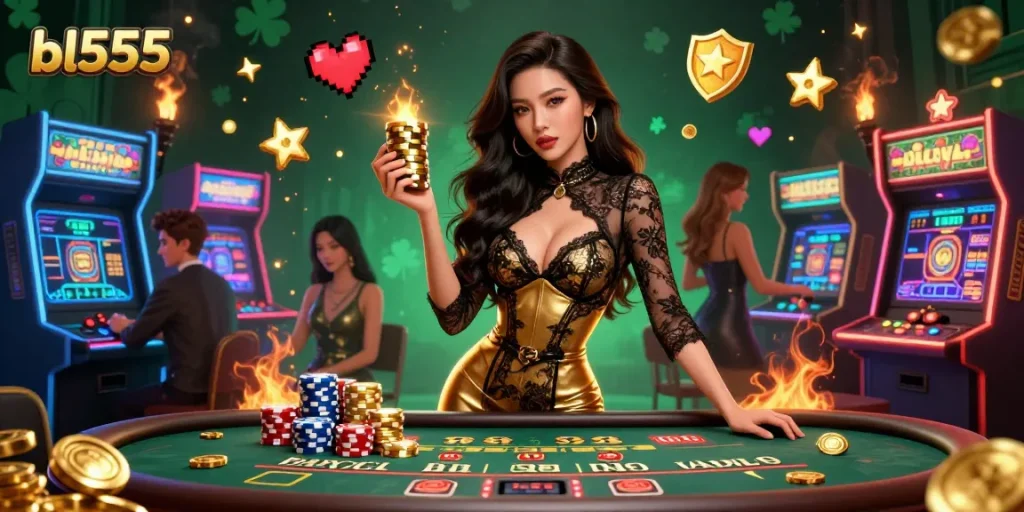 Experience thrilling stakes at BL555 casino with a glamorous woman at a VIP table, showcasing vibrant gaming elements.
