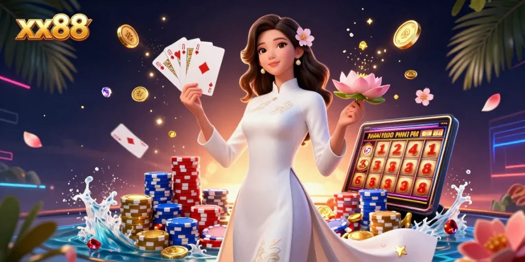 Win big with xx88: A vibrant depiction of an elegant Vietnamese woman in a casino scene.