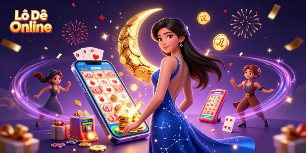 Lô Đề Online celebrates with an elegant Asian woman under a crescent moon of golden coins, featuring vibrant lottery games.