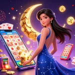 Lô Đề Online celebrates with an elegant Asian woman under a crescent moon of golden coins, featuring vibrant lottery games.