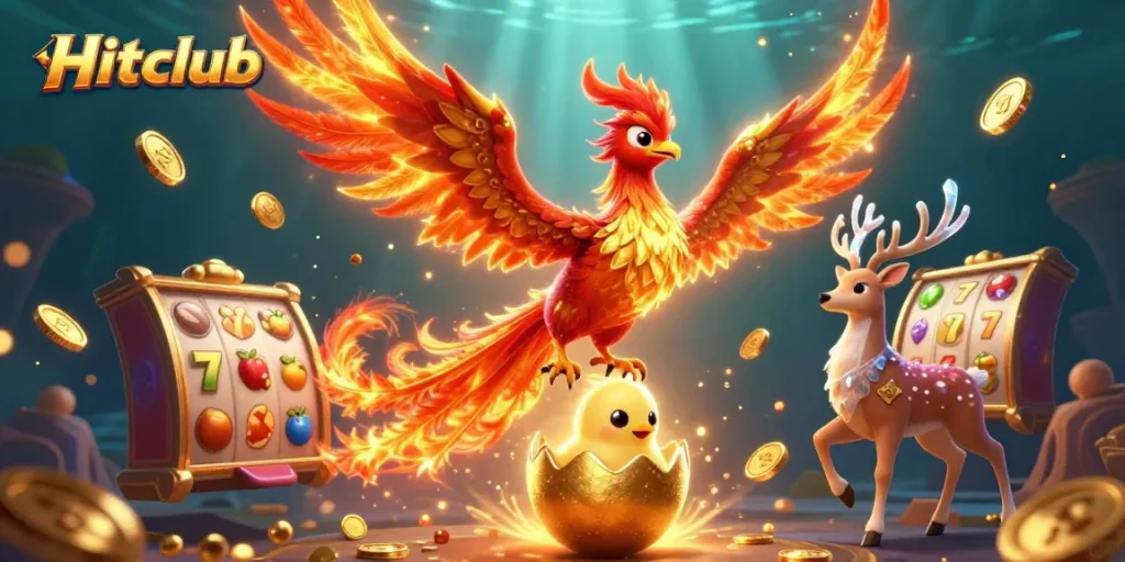 Hitclub features a fire phoenix, golden jackpot, and vibrant slot reels in this energetic 3D scene.