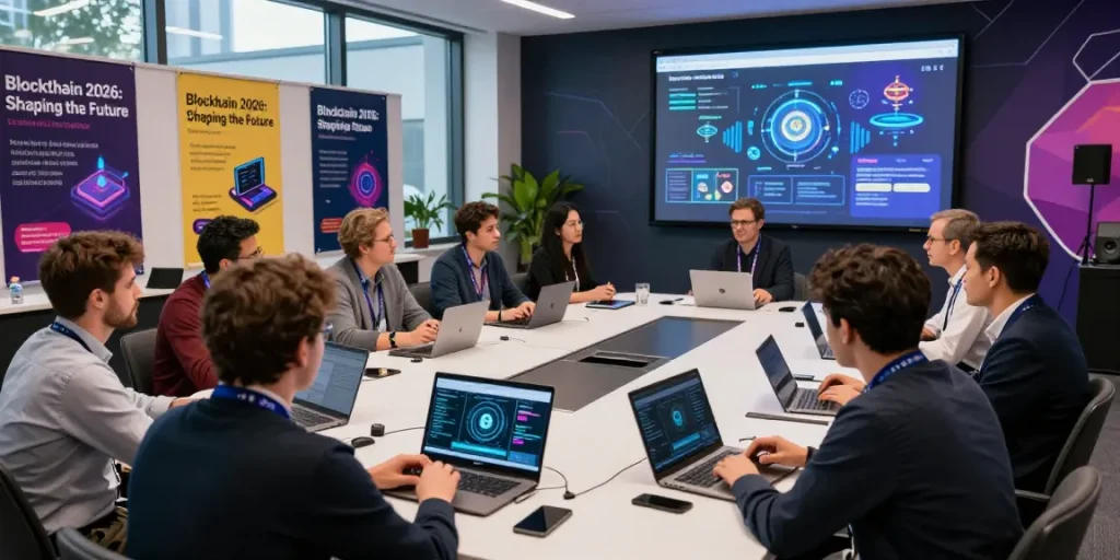 Dynamic blockchain conference scene showcasing professionals discussing innovations for blockchain 2026 with digital displays.