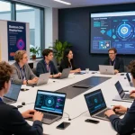 Dynamic blockchain conference scene showcasing professionals discussing innovations for blockchain 2026 with digital displays.