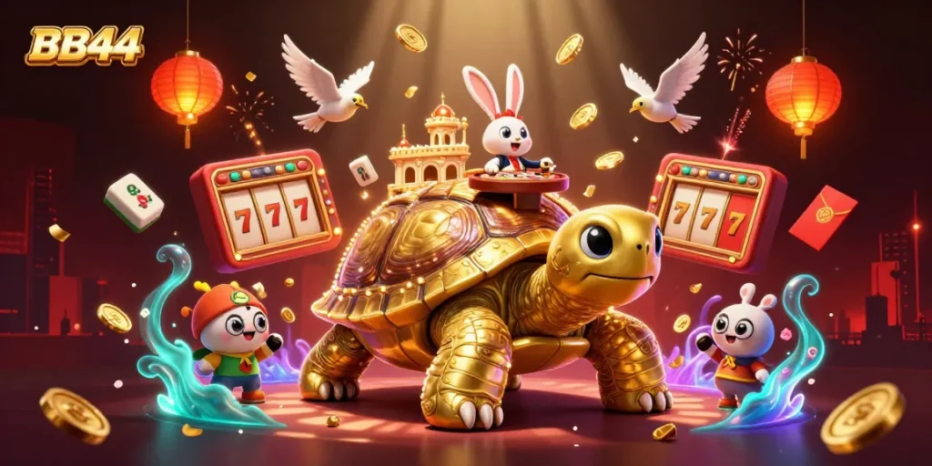 Experience vibrant BB44 casino gaming with a tortoise-themed illustrated world filled with slots and fortune.