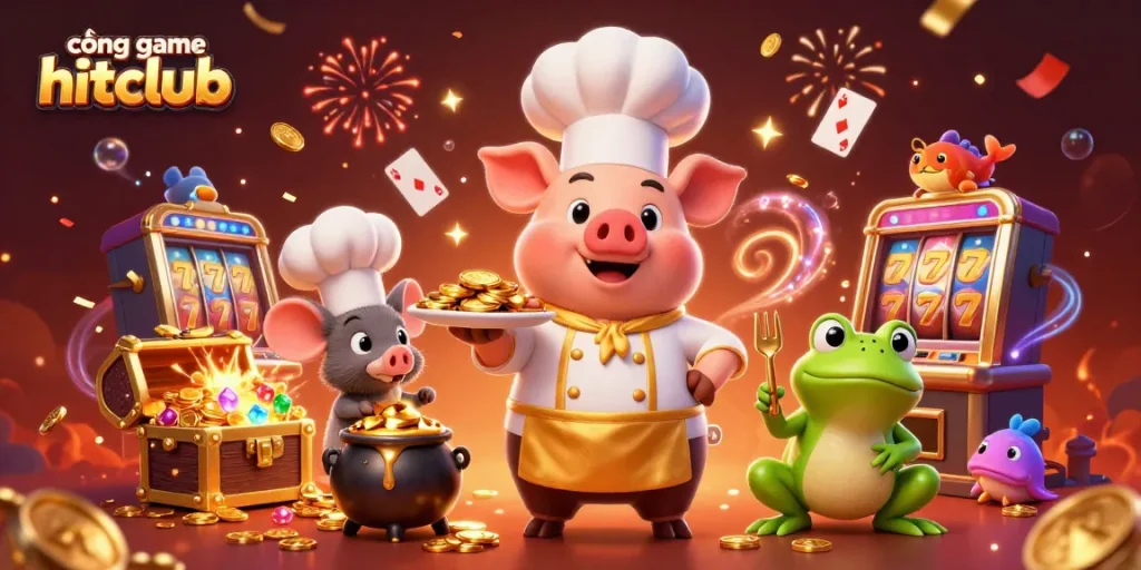 Engage with cổng game hitclub in a vibrant scene featuring cartoon chef pig serving coins, slot machines, and festive elements.