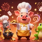 Engage with cổng game hitclub in a vibrant scene featuring cartoon chef pig serving coins, slot machines, and festive elements.