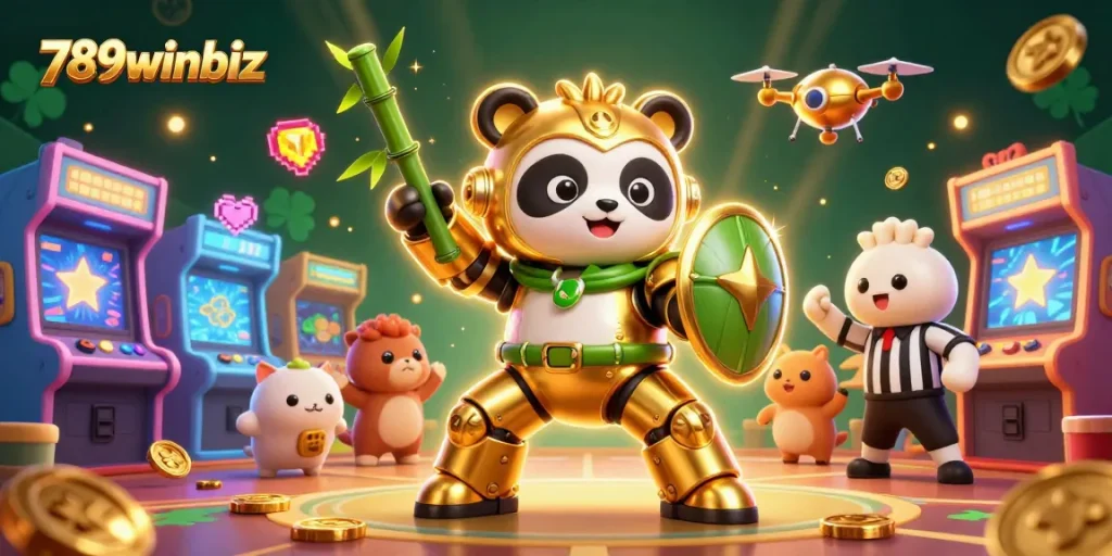 Engage with thrilling action at 789winbiz featuring a golden panda in a bamboo mech, surrounded by vibrant casino gaming elements.