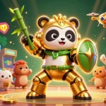 Engage with thrilling action at 789winbiz featuring a golden panda in a bamboo mech, surrounded by vibrant casino gaming elements.