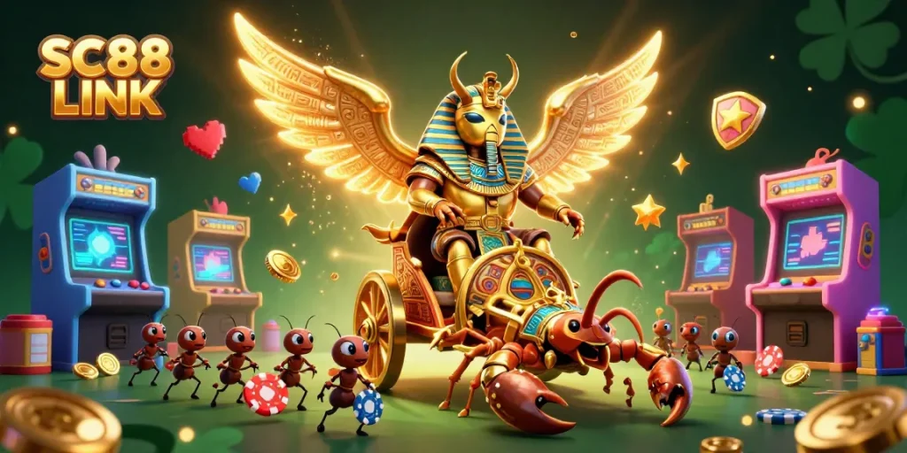 Engaging scene of SC88 LINK showcasing a golden beetle and scorpions amidst colorful arcade games, symbolizing thrilling online gambling.
