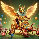 Engaging scene of SC88 LINK showcasing a golden beetle and scorpions amidst colorful arcade games, symbolizing thrilling online gambling.