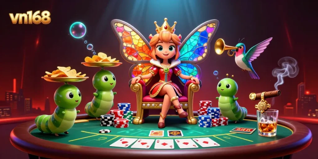 Experience vibrant poker action at vn168 with a stunning butterfly queen and colorful chips.