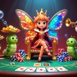 Experience vibrant poker action at vn168 with a stunning butterfly queen and colorful chips.