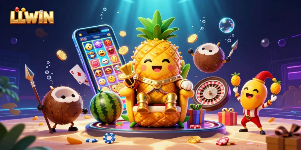 Experience LLWIN in a vibrant casino scene filled with gold coins, playing cards, and colorful slot games.