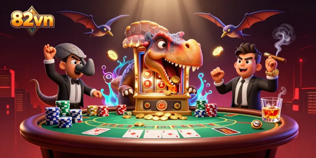 Experience thrilling wins at 82vn with cartoon dinosaurs in a vibrant casino scene.
