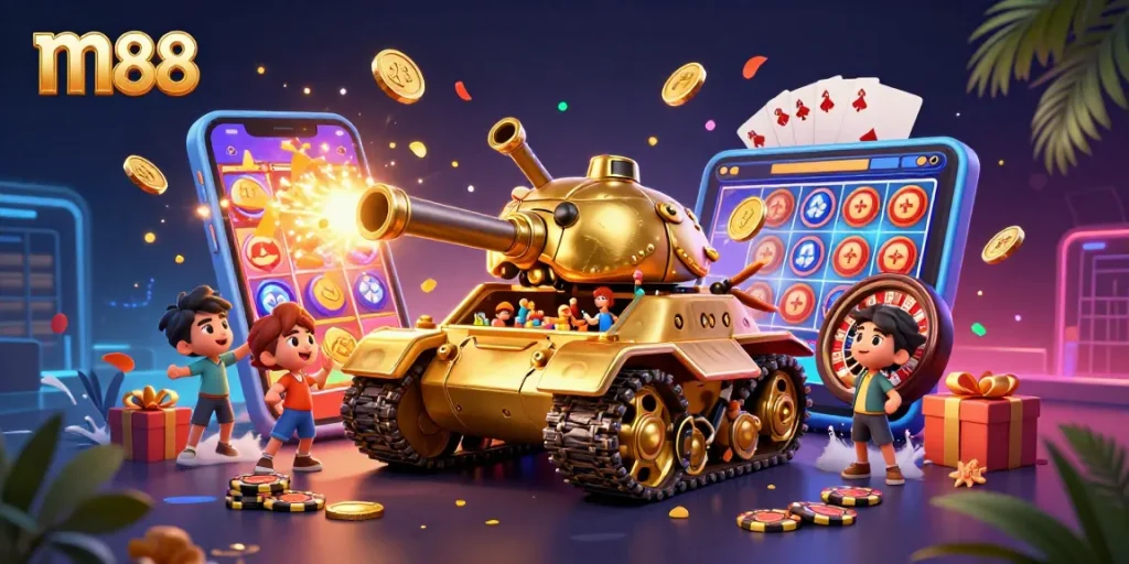 Engage in thrilling gameplay with m88's captivating golden beetle tank casino scene, filled with excitement