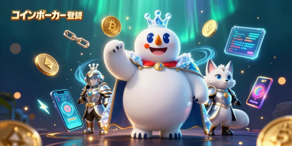コインポーカー 登録の魅力を表現する、3Dイラストの中でポーカーの要素と暗号通貨が融合しています。