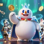 コインポーカー 登録の魅力を表現する、3Dイラストの中でポーカーの要素と暗号通貨が融合しています。