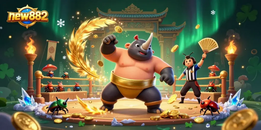 Engage with new882 in this exciting 3D casino world, featuring a sumo beetle champion and golden coins