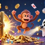 Immerse in HT368's thrilling haunted casino scene with a mischievous ghost monkey and curious ghost-hunter puppy, exploring captivating treasures.