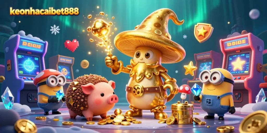 Experience winning magic with keonhacaibet888's stunning 3D casino adventure scene illustration.