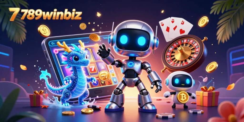 Immerse in the fun of 789winbiz, as a cyberpunk robot explores vibrant slot games and jackpots