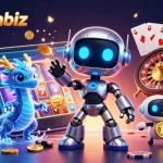Immerse in the fun of 789winbiz, as a cyberpunk robot explores vibrant slot games and jackpots