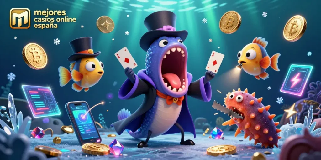 Los mejores casinos online en España: el anguila y el pez borrón realizan trucos de magia con elementos de juego en un fondo vibrante.