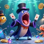 Los mejores casinos online en España: el anguila y el pez borrón realizan trucos de magia con elementos de juego en un fondo vibrante.
