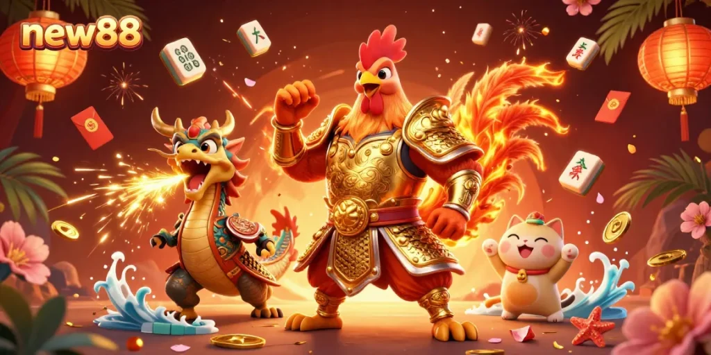 Win big with new88: a vibrant 3D illustration showing a warrior rooster and dragon in a festive casino atmosphere.