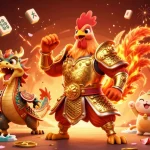 Win big with new88: a vibrant 3D illustration showing a warrior rooster and dragon in a festive casino atmosphere.