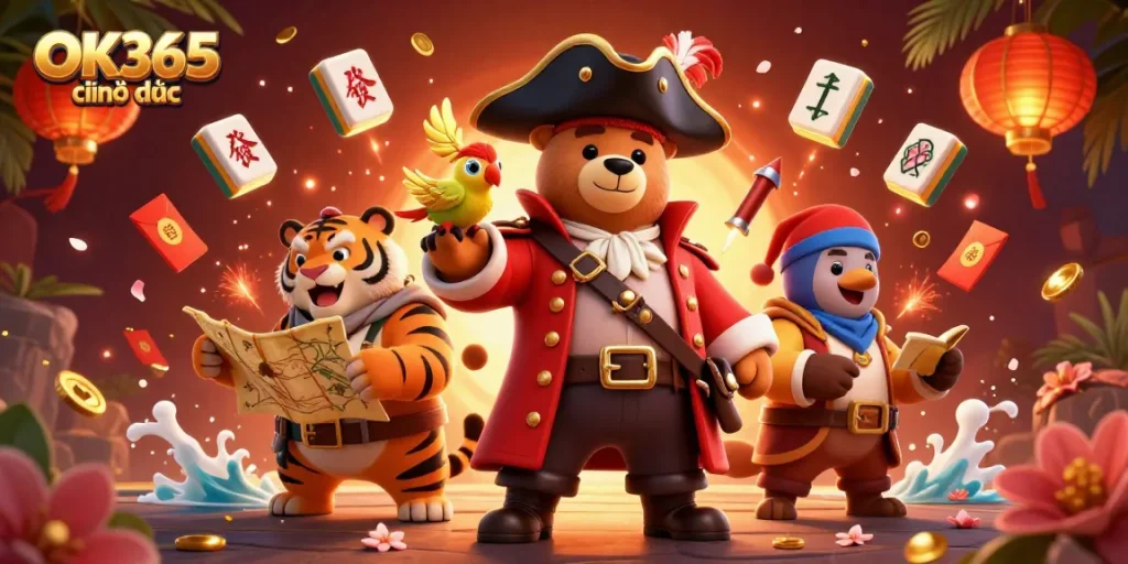 Experience the excitement of gaming with OK365 chính thức featuring a pirate bear and tiger in an enchanting casino scene.