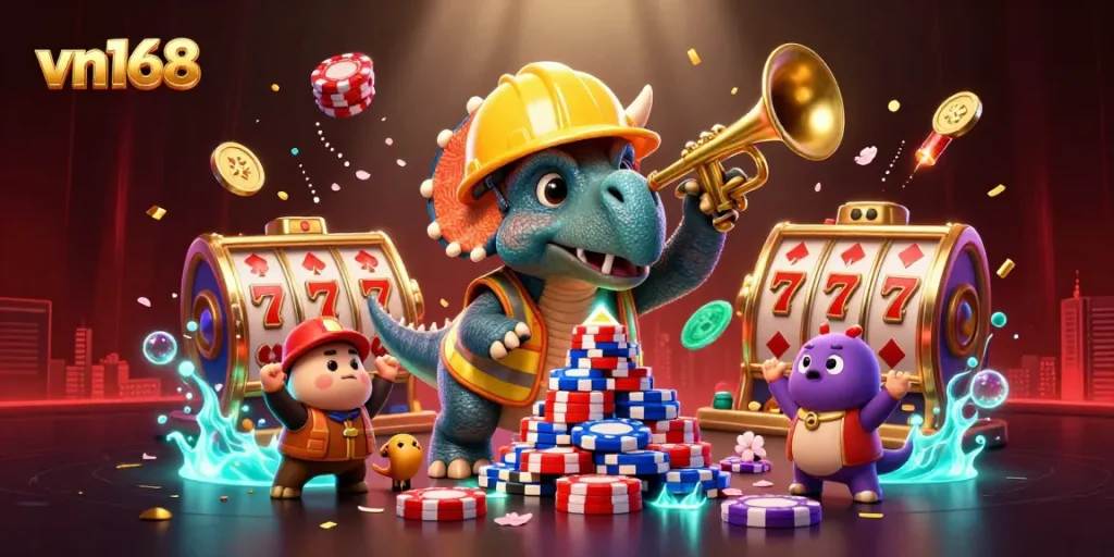 Engage in exciting gameplay at vn168 with vibrant poker chips and characters celebrating victories.