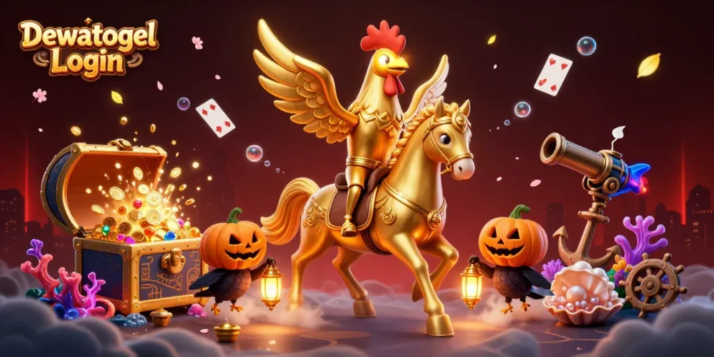 Dewatogel Login showcases a stunning 3D casino scene with vibrant characters and dynamic elements for an engaging experience.