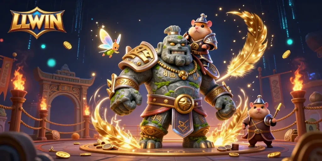 Join LLWIN's epic adventure with the golem guardian and hamster knight in this vibrant casino scene.