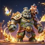 Join LLWIN's epic adventure with the golem guardian and hamster knight in this vibrant casino scene.