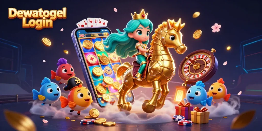 Dewatogel Login presents a vibrant 3D scene with a mermaid, seahorse, and colorful fish engaging in a dynamic casino-themed illustration.