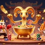 Experience thrilling casino action with W69 as a giant ramen bowl deals cards surrounded by vibrant game elements.