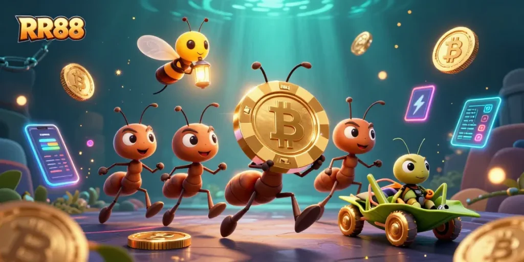 Experience thrilling gameplay at RR88 with dynamic visuals of ants heisting a golden poker chip.