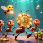 Experience thrilling gameplay at RR88 with dynamic visuals of ants heisting a golden poker chip.