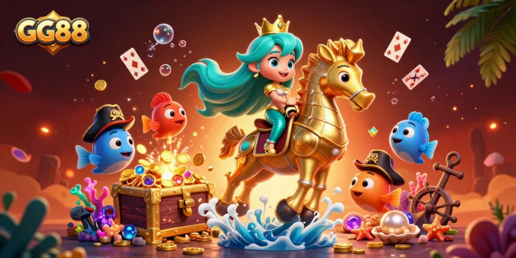 Engage with GG88's immersive underwater casino experience featuring vibrant characters and dynamic game elements.