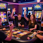 Exciting HWGSLOT gaming scene with players celebrating wins and vibrant slot machines.
