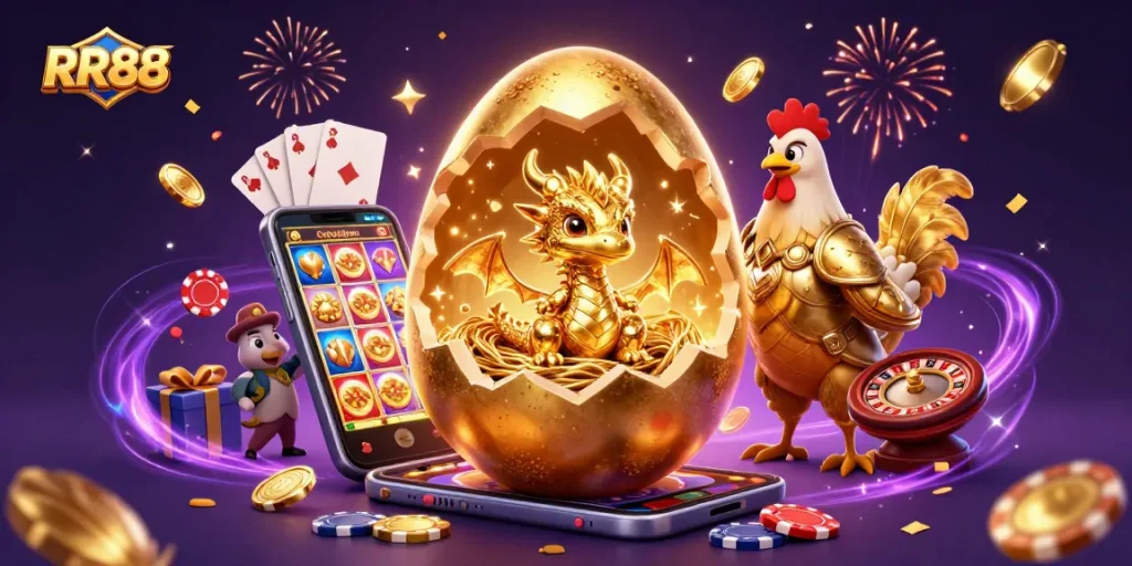 Experience the luxury of winning with RR88's vibrant 3D casino illustration featuring gold elements and games.