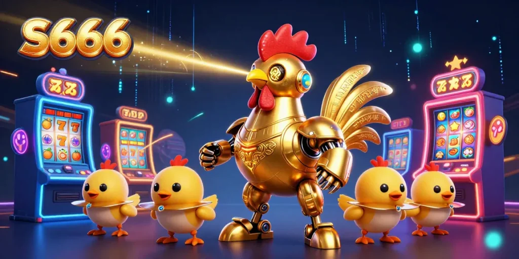 S666 offers thrilling slot experiences with a dynamic 3D illustration featuring a golden rooster robot.