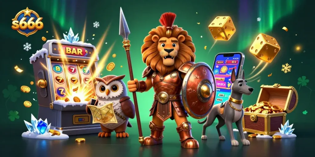 S666 slot machine and themed characters celebrating a jackpot with vibrant casino elements
