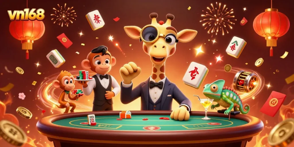 Experience thrilling gameplay with vn168 in this vibrant online casino illustration.