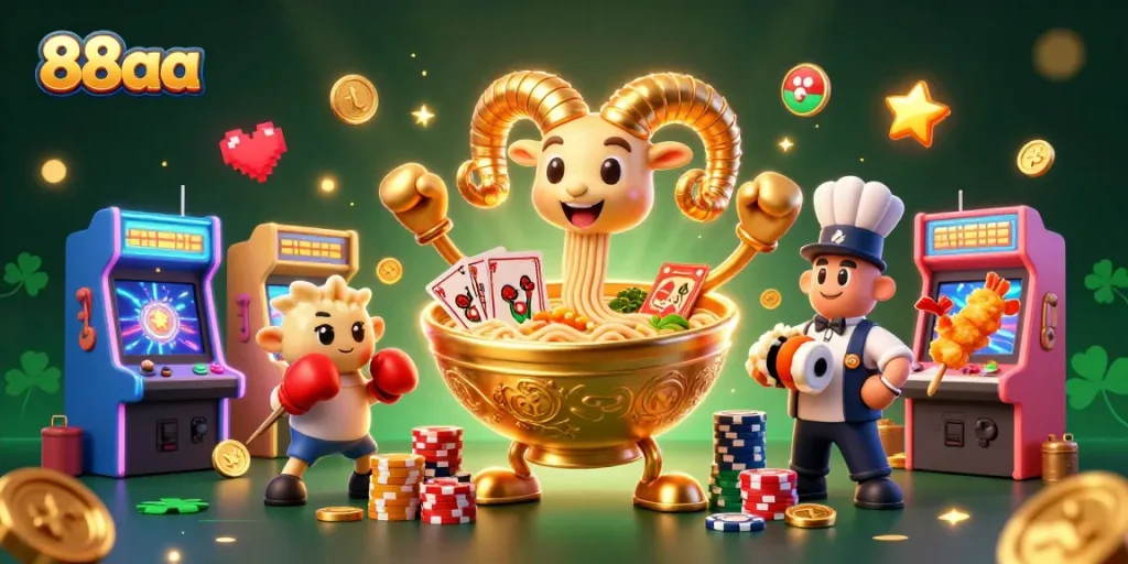 Experience excitement at 88aa with a dynamic casino scene featuring giant ramen bowl and vibrant game elements.