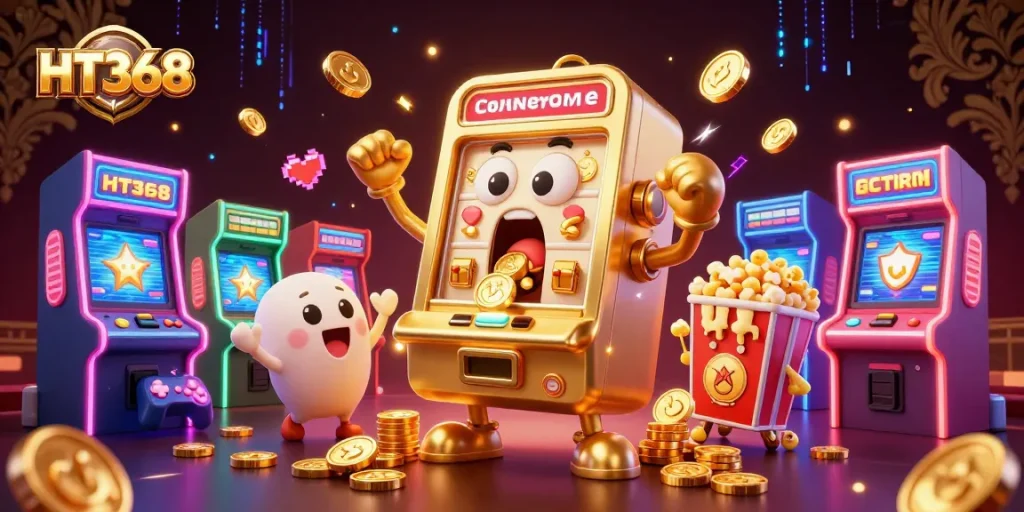 Experience the thrilling slots action at HT368, with golden slot machines celebrating jackpots amidst a vibrant casino scene.