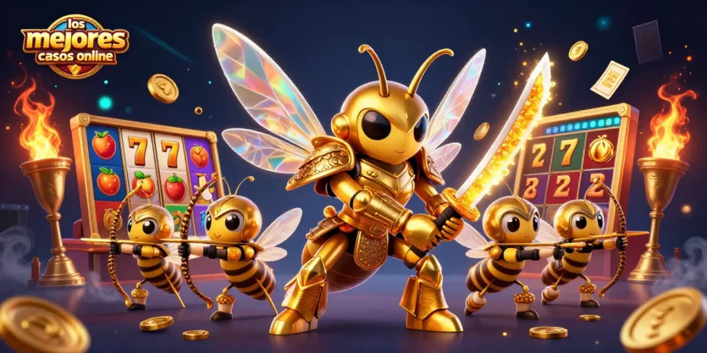 Ilustra los mejores casinos online con un gorrión dorado en armadura de samurái y elementos de juego dinámicos.