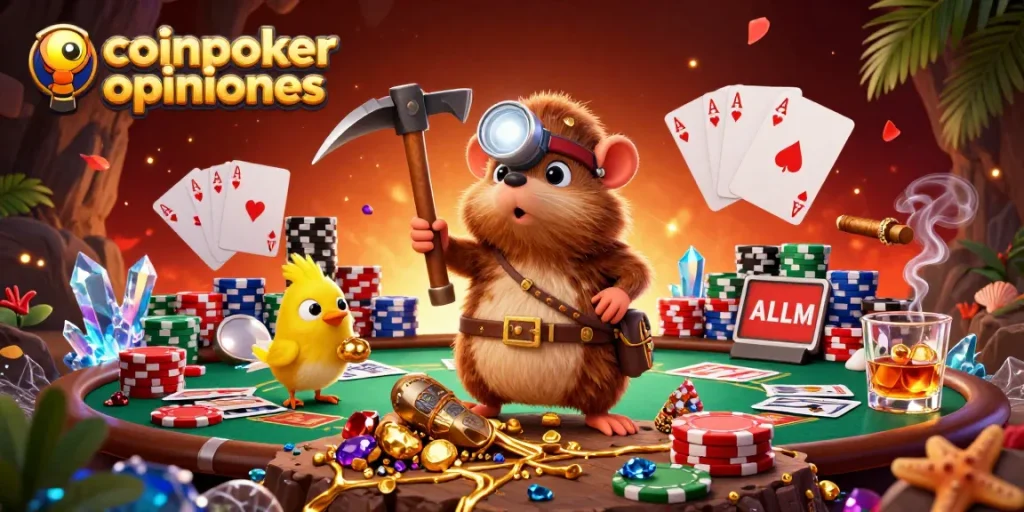 Esplora le opinioni su CoinPoker con un'immagine ricca di giochi di carte e personaggi 3D.