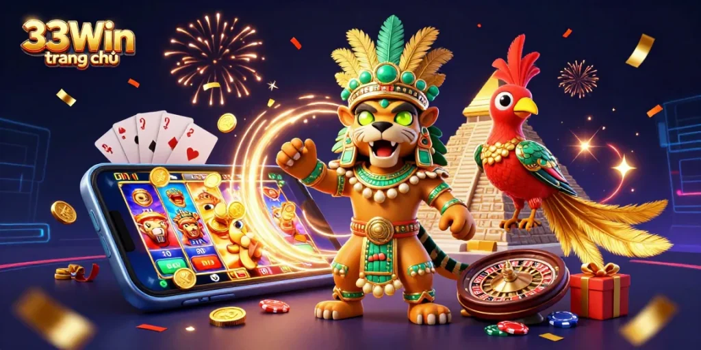 Engage with 33Win trang chủ in a dynamic casino scene featuring slots, cards, and festive confetti.